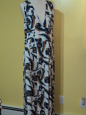 H&M White Maxi Dress with Navy and Gold Paisley Print